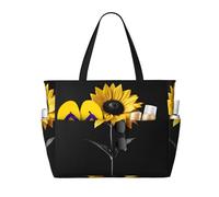 WOmeng Borsa da spiaggia pieghevole con stampa di girasole nera borsa da spiaggia comoda per vacanze estive picnic campeggio palestra uso quotidiano