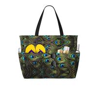 WOmeng Borsa da spiaggia pieghevole con stampa di pavone fresco, comoda, per vacanze estive, picnic, campeggio, palestra, uso quotidiano