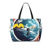 WOmeng Borsa da spiaggia pieghevole con stampa di pianeta spaziale e terra, comoda borsa da spiaggia, per vacanze estive, picnic, campeggio, palestra, uso quotidiano