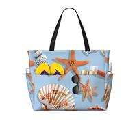 WOmeng Borsa da spiaggia pieghevole con stampa di stelle marine e conchiglie per vacanze estive, picnic, campeggio, palestra, uso quotidiano