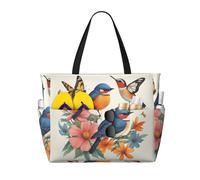 WOmeng Borsa da spiaggia pieghevole con stampa di uccelli, fiori e farfalle, comoda borsa da spiaggia per vacanze estive, picnic, campeggio, palestra, uso quotidiano