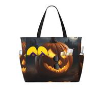 WOmeng Borsa da spiaggia pieghevole con stampa di zucca di Halloween, per vacanze estive, picnic, campeggio, palestra, uso quotidiano