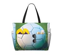 WOmeng Borsa da spiaggia pieghevole verde con stampa erbosa con palloni da calcio pratici, per vacanze estive, picnic, campeggio, palestra, uso quotidiano