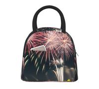 WOmeng Borsa per il pranzo isolata con motivo fuochi d'artificio di grande capacità, borsa portatile per scuola, escursioni, gite in spiaggia