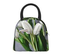 WOmeng Borsa termica per il pranzo con stampa di fiori e tulipani bianchi, grande capacità, borsa portatile per scuola, escursioni, gite in spiaggia