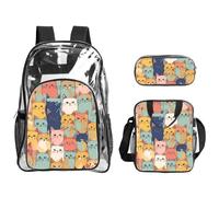 WOmeng Cute Cats In Una Varietà Di Colori Stampa 3-Piece Trasparente Zaino Set Per Viaggi All'aperto Pendolarismo Trasparente Pranzo Penna Caso
