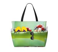 WOmeng Divertente borsa da spiaggia pieghevole con stampa di coccinelle, comoda borsa da spiaggia per vacanze estive, picnic, campeggio, palestra, uso quotidiano