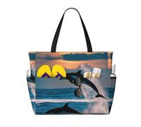 WOmeng Divertente borsa da spiaggia pieghevole con stampa di delfini per vacanze estive, picnic, campeggio, palestra, uso quotidiano