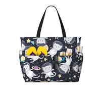 WOmeng Divertente borsa da spiaggia pieghevole con stampa di gatto astronauta comoda borsa da spiaggia estiva, picnic, campeggio, palestra, uso quotidiano