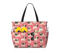 WOmeng Divertente borsa da spiaggia pieghevole con stampa di un carlino in stile cartone animato, comoda, per vacanze estive, picnic, campeggio, palestra, uso quotidiano