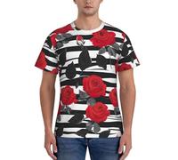 WOmeng Maglietta da uomo a maniche corte con stampa a fiori rossi a righe bianche nere e rosse per uso quotidiano e per la palestra e l'assorbimento dell'umidità, Nero , 3XL