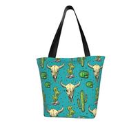 WOmeng Simpatica borsa a tracolla estiva con stampa di cactus e teschio di toro, borsa da viaggio, borsa da spiaggia, uso quotidiano, ampio spazio per riporre oggetti