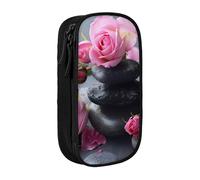 WOmeng Spa Stone and Rose Flowers Print Pratico astuccio per matite forniture scolastiche penne matite accessori artistici varie occasioni, Nero , Taglia unica, Con tasca per il