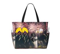 WOmeng Stampa motivo fuochi d'artificio Borsa da spiaggia pieghevole Convenienza Tote Estate Vacanze Picnic Campeggio Palestra Uso quotidiano