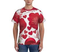 WOmeng T-shirt da uomo a maniche corte con stampa floreale rossa a cuore rosso per San Valentino comoda maglietta da palestra uso quotidiano traspirante, Nero , L