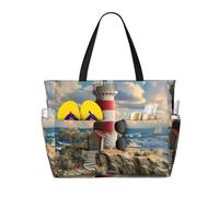WOmeng The Seaside Lighthouse - Borsa da spiaggia pieghevole con stampa di faro, convenienza per vacanze estive, picnic, campeggio, palestra, uso quotidiano