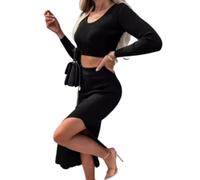Womens 2 Piece Knit Skirt Set Long Sleeve Crop Top Side Slit Maxi Skirt | Ribbed Texture Coordinated Separates Defined Waistline Open Hemline Easy Layering For Fall Days Dinner Travel And Weekends