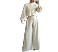 Women's 2 Piece Outfit Mock Neck Crop Top High Waist Wide Leg Pants (Beige,S)