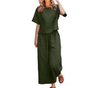 Women's 2 Piece Outfits Linen Lounge Set Tracksuits Loungewear Short Sleeve Crop Top and Wide Leg Pants Matching Set (green,S)
