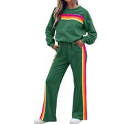 Womens 2 Piece Sets Rainbow Striped Outfit, Color Blocked Casual Sweatshirt, Elastic Waist Wide Leg Pant Sets (Green,XL)