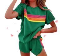 Womens 2 Piece Short Sets Casual Rainbow Striped Crewneck Short Outfits Elastic Shorts Sets New Lounge Tracksuits (Green,S)