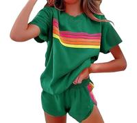 Womens 2 Piece Short Sets Outfits Lounge Tracksuits Sleeve Tops Elastic Shorts Casual Rainbow Striped Crewneck Short (green,XL)
