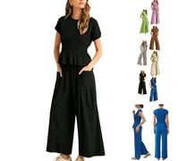 Womens 2 Piece Smocked Top Wide-Leg Pants Set,Matching Set，Black：XL