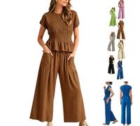 Womens 2 Piece Smocked Top Wide-Leg Pants Set,Matching Set，Dark Brown：XL