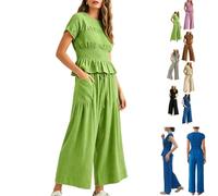 Womens 2 Piece Smocked Top Wide-Leg Pants Set,Matching Set，Green：XL
