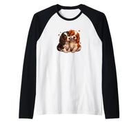 Womens 2 Puppies Two Tricolor Cavalier King Charles Spaniel Maglia con Maniche Raglan