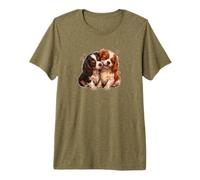 Womens 2 Puppies Two Tricolor Cavalier King Charles Spaniel Maglietta Premium