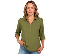 Women's 2026 Summer Linen V Neck Roll-Up 3/4 Sleeve Loose Button Down Blouse with Lapel for Beach And Casual Wear
