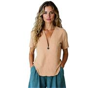 Women's 2026 Summer Linen V Neck Short Sleeve Top with Button Detail, Plus Size Boho Style Blouse for Hawaiian Vacation And Casual Wear