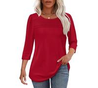 Women's 3/4 Sleeve Round Neck Pintuck Pleated Tunic Top Soft Stretchy Casual Loose Fit Blouse Shirt Lightweight for Spring Fall Daily Wear & Work