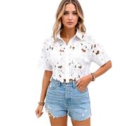 Women's Black Floral Lace Cutout Button Down Shirt Short Sleeve Cropped Blouse Elegant Casual Summer Vacation Party Top Fashion Hollow out Collared