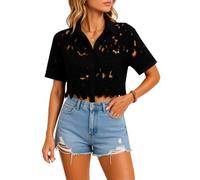 Women's Black Floral Lace Cutout Button Down Shirt Short Sleeve Cropped Blouse Elegant Casual Summer Vacation Party Top Fashion Hollow out Collared