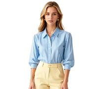 Women's Blue And White Vertical Striped Button Down Shirt Casual 3/4 Puff Sleeve Blouse Lightweight Summer Office Work Top for Ladies Girls