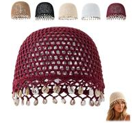 Womens Bohemian Crochet Hat with Shell,Hollow out Handmade Shell Trim Beanie cap,Summer Boho Beach Vacation Crochet Skull cap (Red)