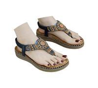 Women's Bohemian Slide Sandals Casual Summer Flat Open Toe Beach Shoes For Women With Slip Sole Comfortable Mid Heel Fashion Sandals For Spring And Summer (Blue, 39)