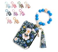 Women's Boho Beaded Wallet, Boho Style Beaded & Tassel Keychain Floral Fruit Pattern Wristlet Wallet, with Silicone Bracelet (Blue)