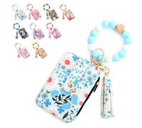 Women's Boho Beaded Wallet, Boho Style Beaded & Tassel Keychain Floral Fruit Pattern Wristlet Wallet, with Silicone Bracelet (Light Blue)