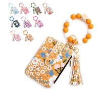 Women's Boho Beaded Wallet, Boho Style Beaded & Tassel Keychain Floral Fruit Pattern Wristlet Wallet, with Silicone Bracelet (Yellow)