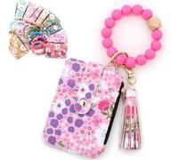 Women's Boho Beaded Wallet with Flower Pattern, Women Boho Style Beaded & Tassel Decorated Keychain, Credit Card Holder Purse (Rose red)