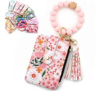 Women's Boho Beaded Wallet with Flower Pattern, Women Boho Style Beaded & Tassel Decorated Keychain, Credit Card Holder Purse (Light pink)