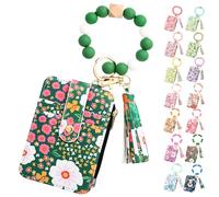 Women's Boho Beaded Wallet, Womens Boho Style Beaded and Tassel Wristlet Keychain Wallet with Floral Fruit Pattern (Green)