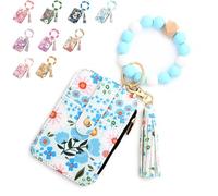Women's Boho Beaded Wallet, Women's Boho Style Wristlet Beaded & Tassel Decorated Keychain with Floral Wallet (Light Blue)
