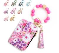 Women's Boho Beaded Wallet, Women's Boho Style Wristlet Beaded & Tassel Decorated Keychain with Floral Wallet (Purple)