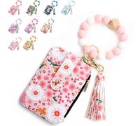 Women's Boho Beaded Wallet, Women's Boho Style Wristlet Beaded & Tassel Decorated Keychain with Floral Wallet (Light Pink)
