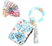 Women's Boho Beaded Wristlet Wallet, Flower Pattern Tassel Keychain Wallet, Small Compartment Credit Card Holder Purse (Light Blue)