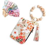 Women's Boho Beaded Wristlet Wallet, Flower Pattern Tassel Keychain Wallet, Small Compartment Credit Card Holder Purse (Khaki)